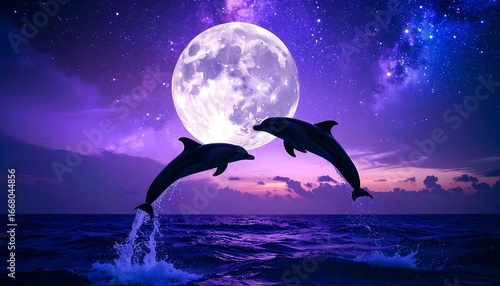 Two dolphins leap in the night sky, a full moon high above