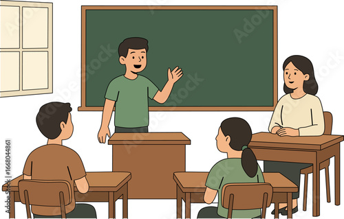 A group of diverse students and a female teacher interact during a lesson in a modern bright classroom