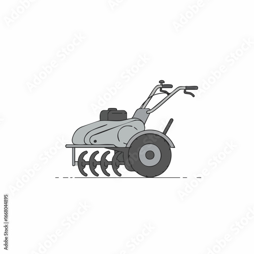 Detailed Illustration of a Gray Walk-Behind Garden Tiller for Soil Preparation.