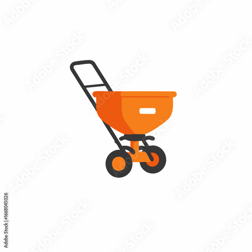 Orange Fertilizer Spreader with Black Handle and Wheels, Simple Illustration