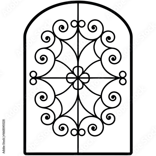 Black wrought iron ornamental window grill with floral pattern metal