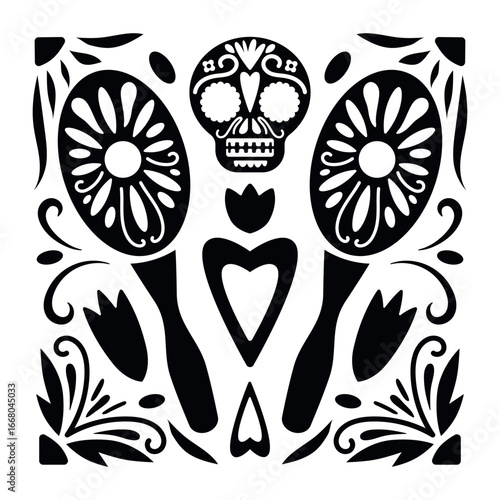 Day of the Dead Sugar Skull Vector Illustration. Sugar skull, maracas and floral elements inspired by Day of the Dead traditions.