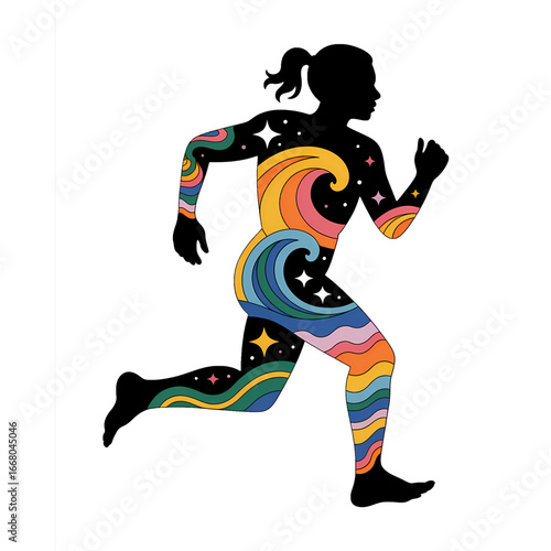 Vibrant silhouette of a runner with colorful wave patterns and cosmic details in a dynamic pose