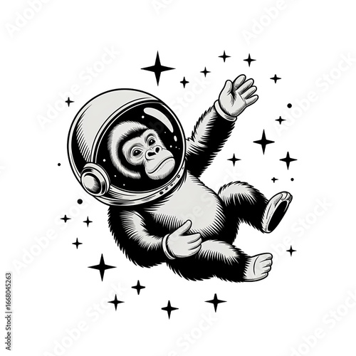 Gorilla in space suit floating among stars in a whimsical cosmic scene