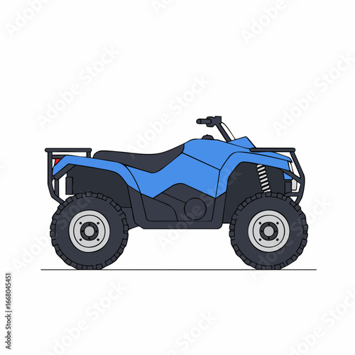 Isolated blue all-terrain vehicle with black seat and oversized tires
