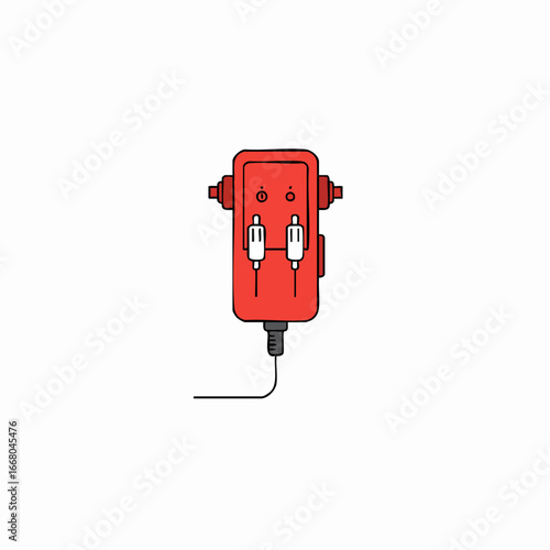 Red Audio Interface with Dual RCA Outputs and Black Cable Illustration