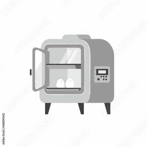 Gray incubator with open door and two eggs inside, digital illustration