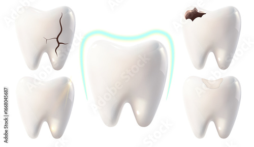 White teeth and teeth with various stages of decay and damage, a tooth with a filling and a tooth under protection on a white background,