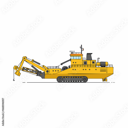Detailed Illustration of a Yellow Dredging Vessel