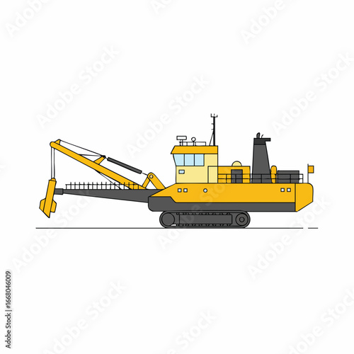 Side View of a Yellow Dredging Vessel with a Long Arm