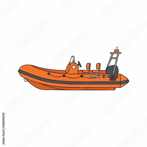 Orange Inflatable Boat with Console, Seats, and Radar Arch Illustration