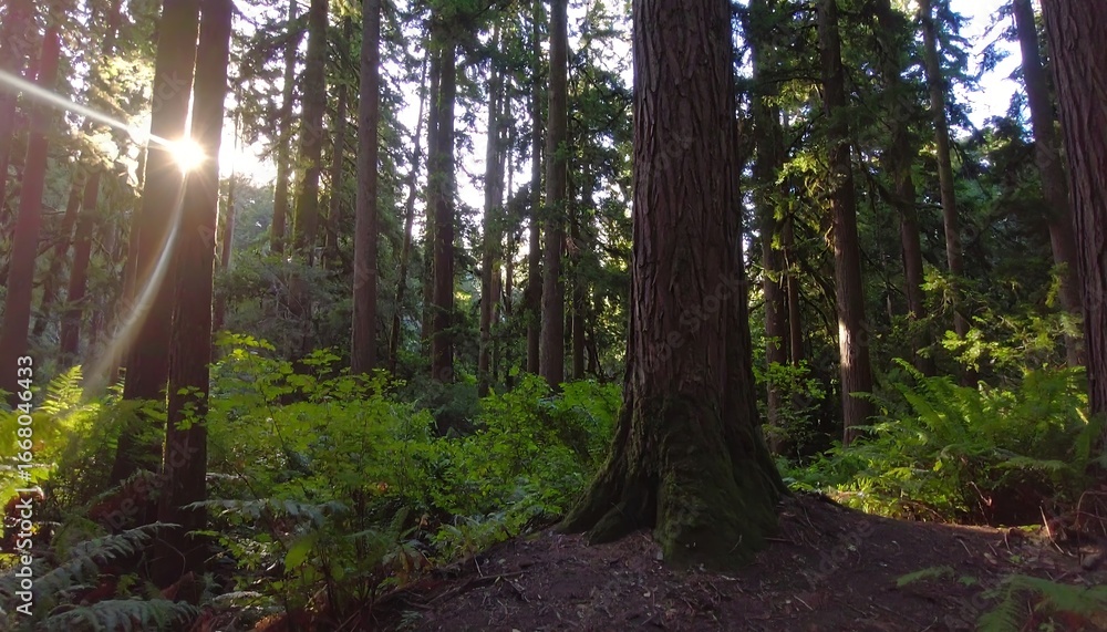 Obraz premium Sunlight filtering through a dense forest (1)