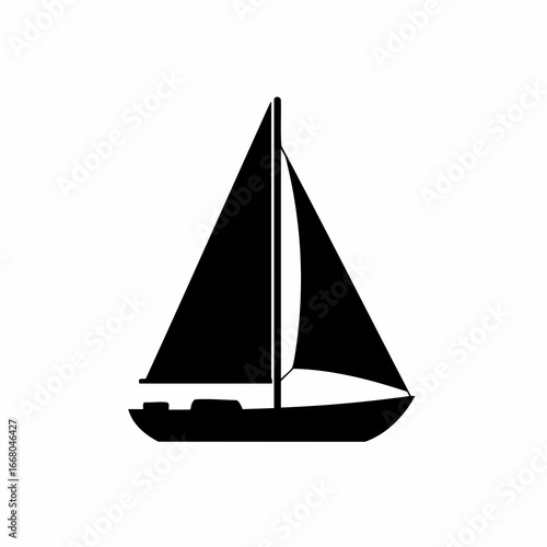 Silhouette of a sailboat with triangular sails and a visible mast