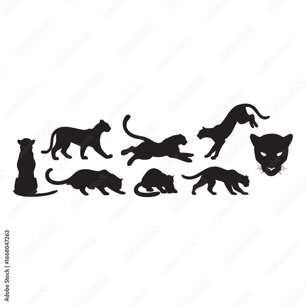 Fototapeta premium Black Panther Silhouette Collection Majestic Cats in Various Poses Animal Kingdom Design Graphic Illustration Wildlife Art Decorative Elements Vector