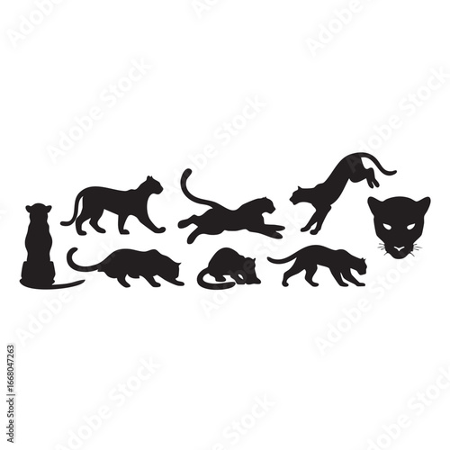 Black Panther Silhouette Collection Majestic Cats in Various Poses Animal Kingdom Design Graphic Illustration Wildlife Art Decorative Elements Vector