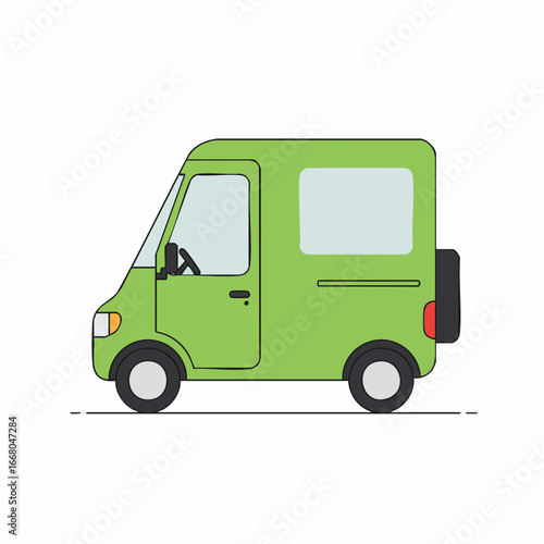 Cartoonish Green Delivery Van with Black Tires and Spare Tire