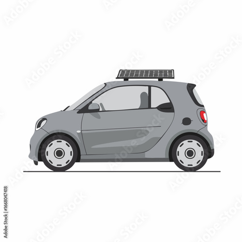 Gray compact car with solar panel on roof, side view illustration