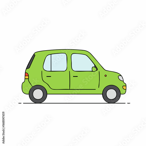 Simple Green Compact Car Illustration with Black Outlines and Details