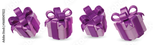 Set violet gift boxes with shiny ribbons and bows.
