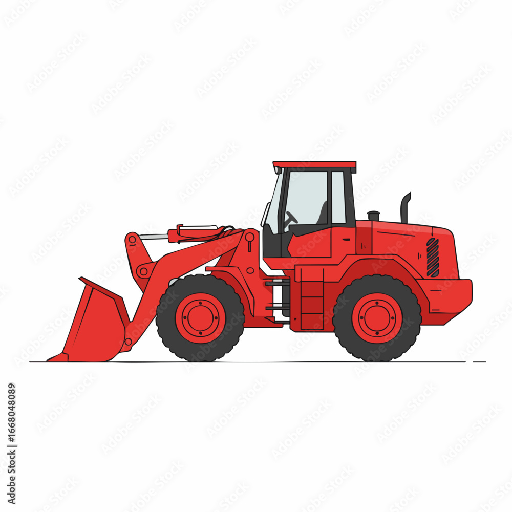 Naklejka premium Bold Red Front Loader: Construction Equipment in Detailed Side View