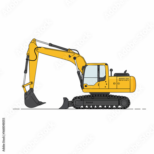 Detailed Yellow Excavator Illustration with Black Tracks and Hydraulic Arm