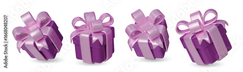 Set violet gift boxes with shiny ribbons and bows.