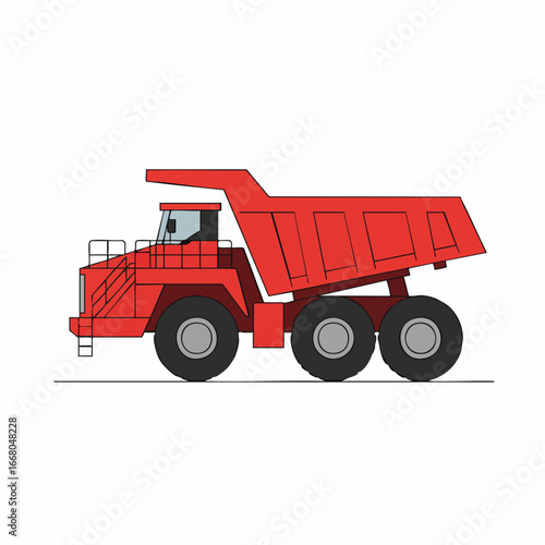 Red articulated dump truck with large tires and geometric shapes illustration