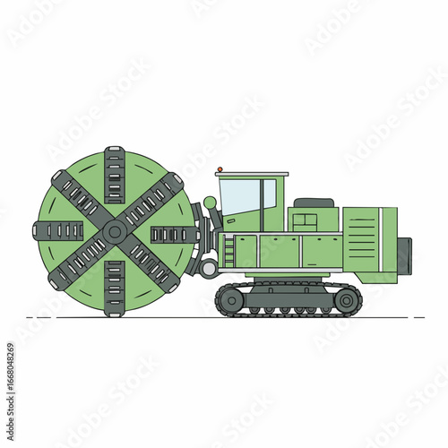 Detailed green trenching machine with large circular cutting wheel illustration