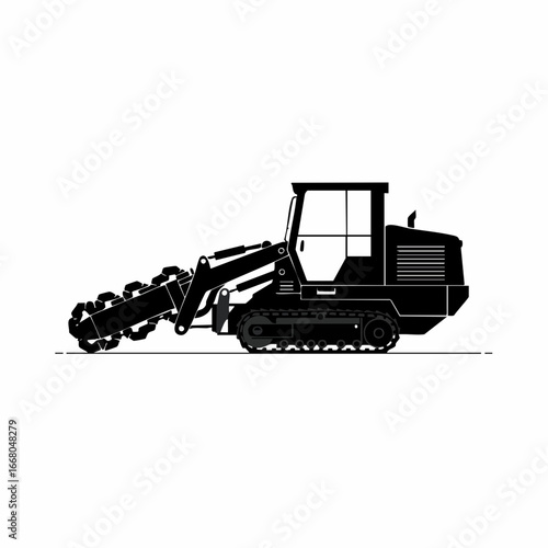 Detailed Side View of a Trenching Machine in Black Silhouette
