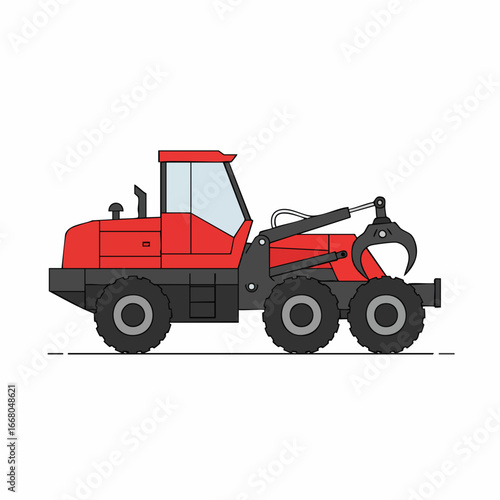 Red and Gray Log Skidder with Grapple, Heavy Machinery Illustration