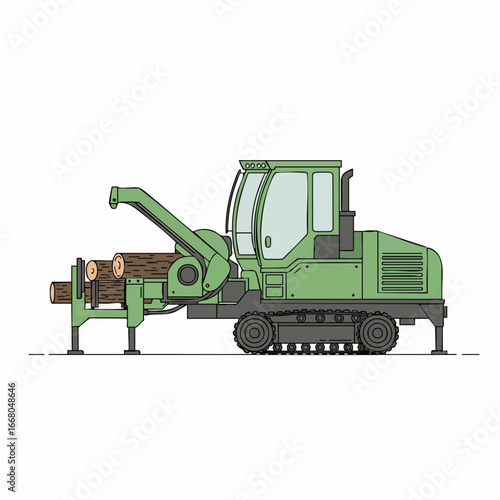 Green Forestry Harvester with Logs, Ready for Timber Processing.