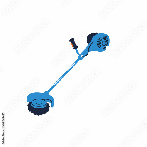 Stylized Blue String Trimmer with Black Cutting Head and Orange Trigger