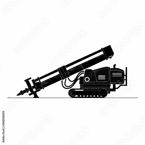 Silhouette of a crawler drill rig with a long drill boom and hydraulic hoses