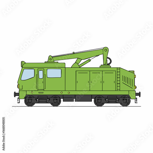 Green Railway Crane Car: Detailed Vector Illustration of a Maintenance Vehicle