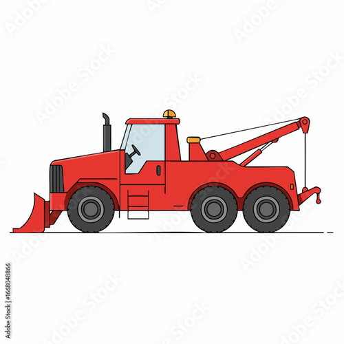 Cartoon Red Tow Truck with Snow Plow and Boom Arm Illustration