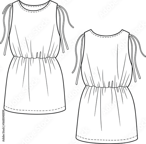 Sleeveless gathered dress sketch, front and back view, fashion flat, round neckline, tie strap detail, flared skirt, garment design