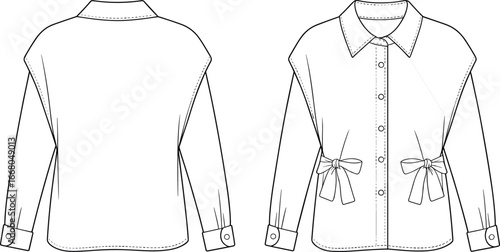 Women blouse sketch, front and back view, fashion flat, button-down shirt, bow detail, technical drawing, garment design, sewing reference