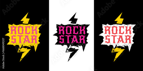 Rockstar Label Design Vector Bold Pink and Yellow Grunge Text with Lightning Bolts on Black and White Backgrounds, Ideal for Music, Fashion, and Branding. Rock star label ,print and sticker design