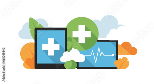 Modern digital health technology concept with tablets displaying medical crosses and an ECG heartbeat, symbolizing innovative online healthcare solutions.
