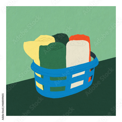Colorful Rolled Towels in Blue Laundry Basket Illustration