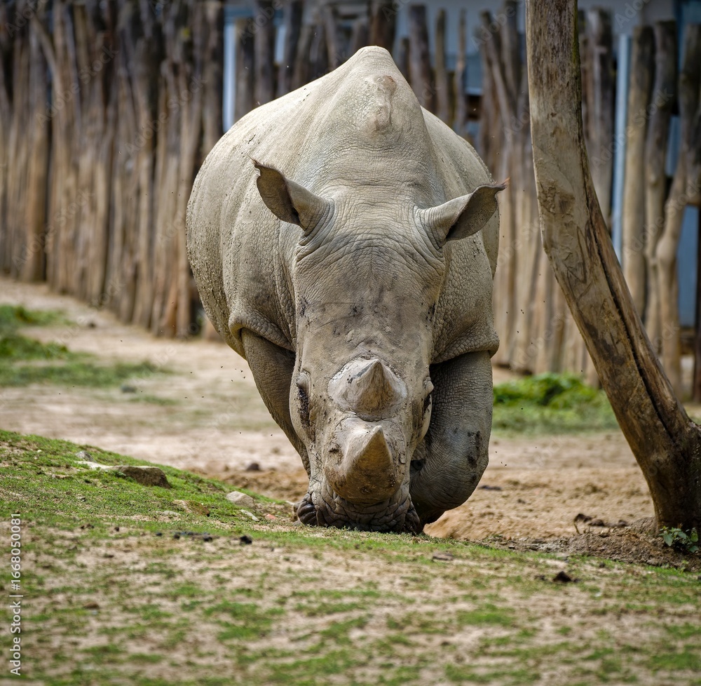 Fototapeta premium A portrait of a rhinoceros looking directly at the camera