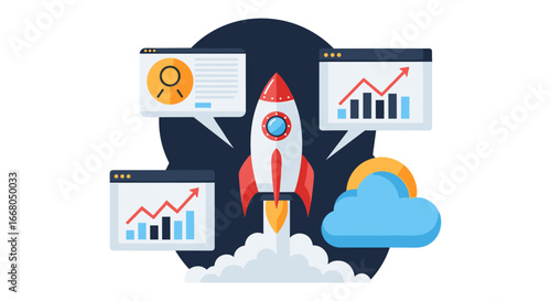 A vibrant illustration depicting a rocket launching into the digital sky, symbolizing rapid business expansion, startup success, and strategic data analysis for online ventures.