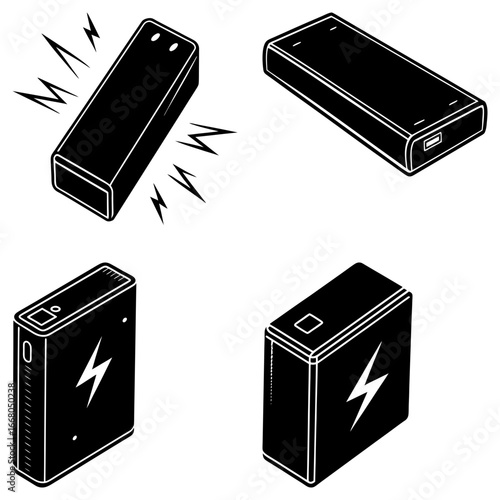 Four black and white illustrations of power banks in different perspectives and charging indications