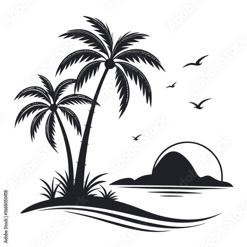 Tropical island sunset silhouette
