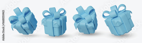 Set blue gift boxes with shiny red ribbons and bows.