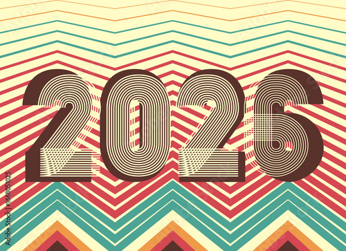 Retro cover background with 2026 numbers on pastel colors background in zigzag striped lines. Graphic design vector illustration for Happy New Year Christmas Banner Greeting Card Invitation Poster Ad