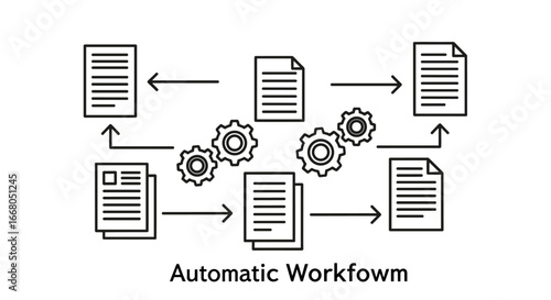 A modern vector illustration showcasing an automated workflow process with documents and gears, representing efficient data management and streamlined system operations.