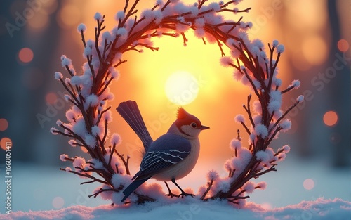 Winter Soltice Greeting Card with a Bird in the middle of a Wreath and the sun setting in the background Generative AI. High quality