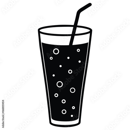 Tall glass dark beverage bubbles straw black and white