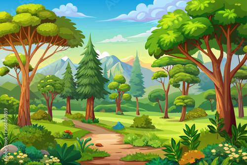 Beautiful natural scenery with diverse trees, lush forest and bright sky, relaxing and inspiring environment, excellent graphic background image for design, artistic and commercial projects inspired b